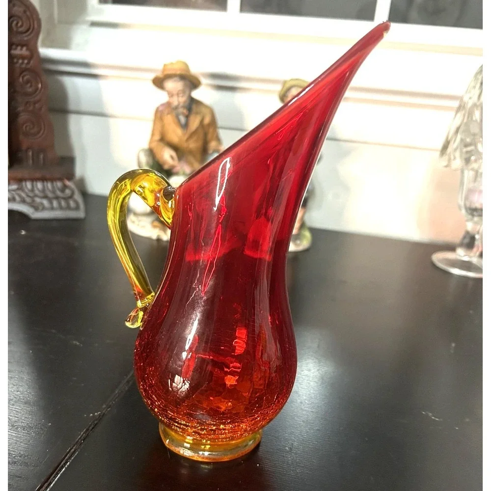 Vintage Kanawha Amberina Crackle Stretch Swung Glass Pitcher 9.25
